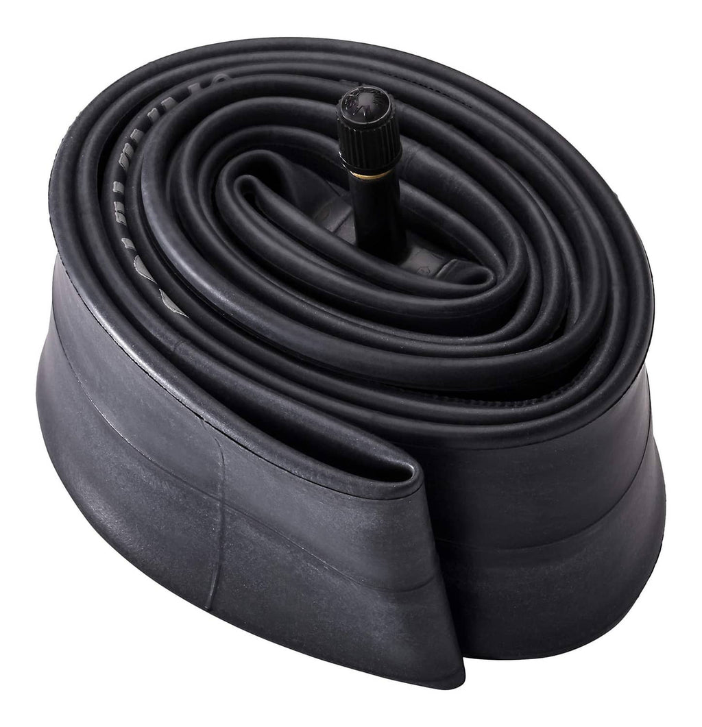 Rolled black bike inner tube with Schrader valve stem for 20-inch tires