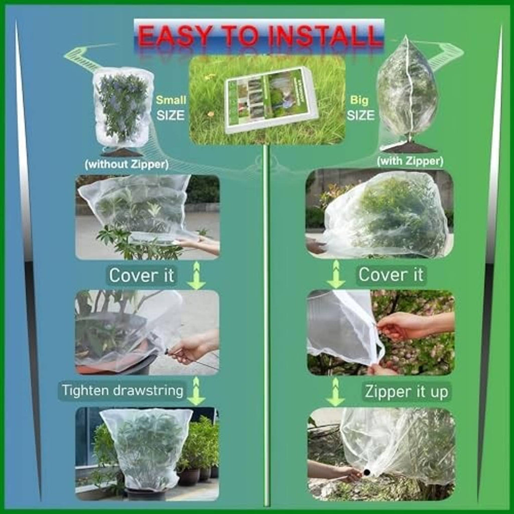 Transparent tree netting bag with drawstring, shown being zipped closed