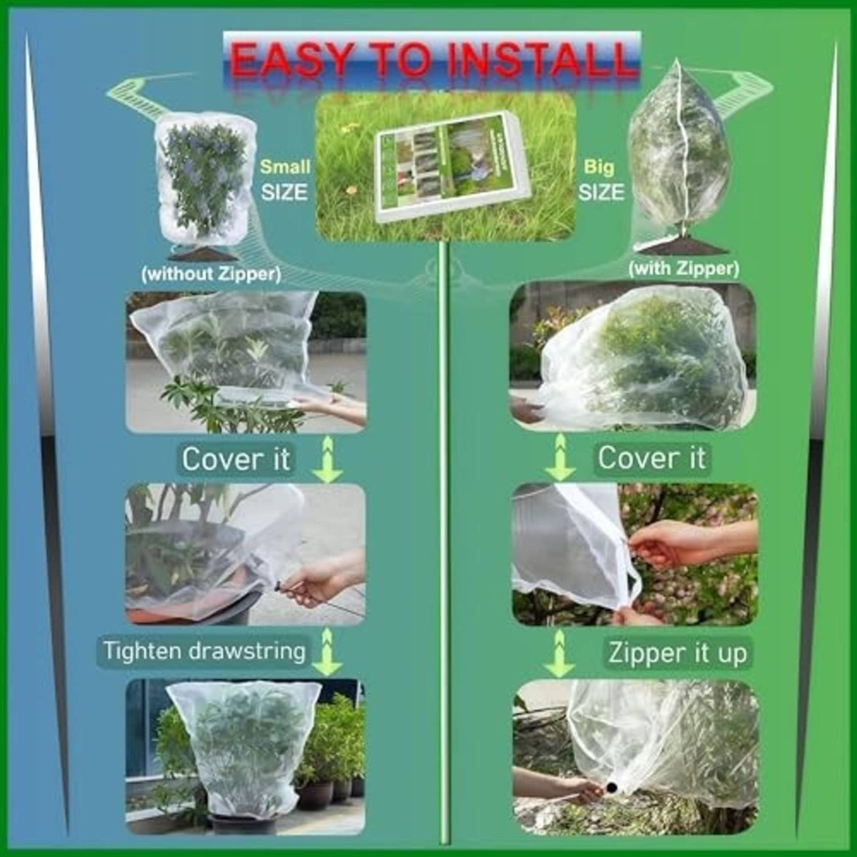 Transparent tree netting bag with drawstring, shown being zipped closed
