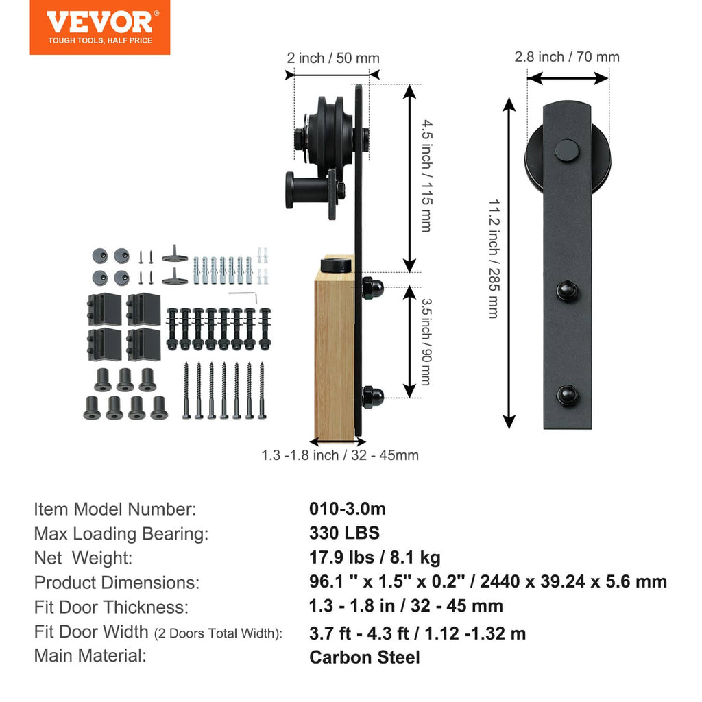 VEVOR double barn door hardware set with rollers, hangers, and mounting kit