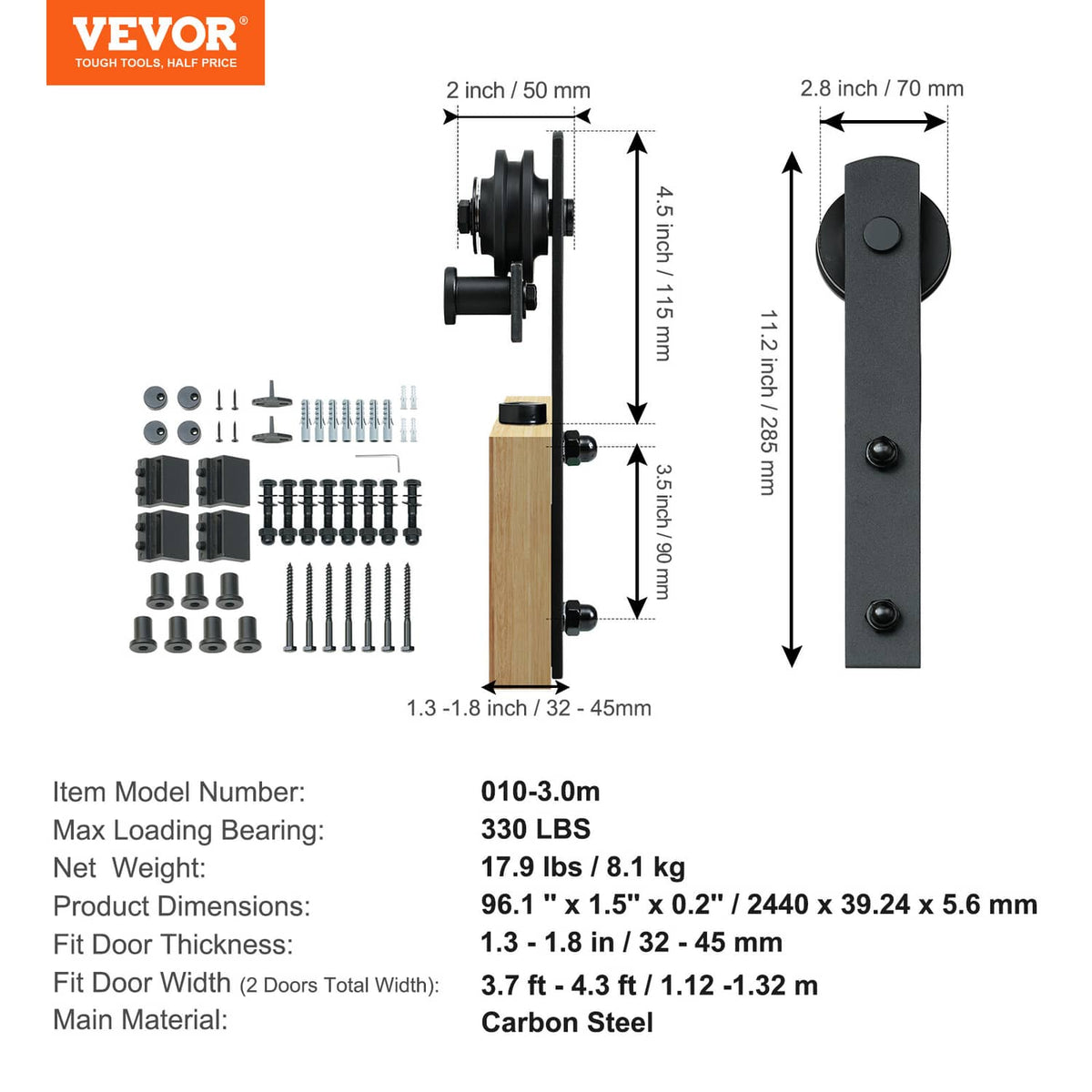 VEVOR double barn door hardware set with rollers, hangers, and mounting kit