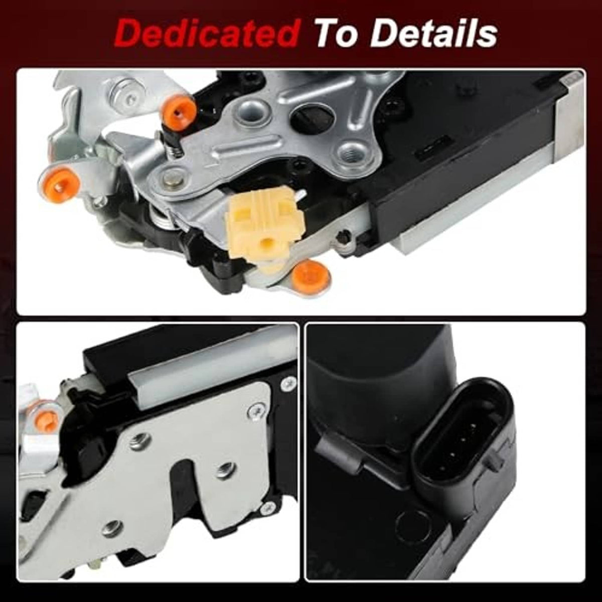 Door lock actuator detailed close-up showing metal latch parts and black connector housing