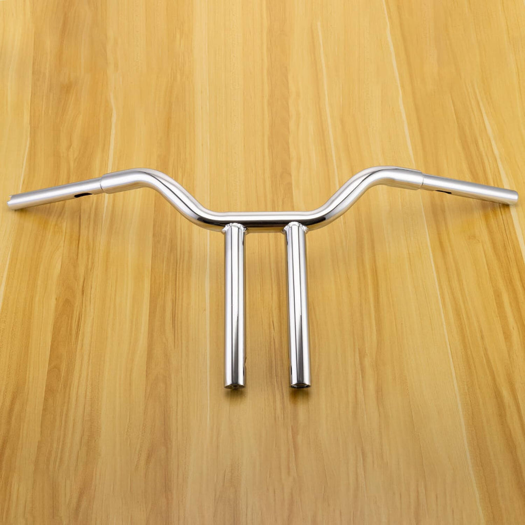 Chrome motorcycle handlebar with central crossbar and two tube risers