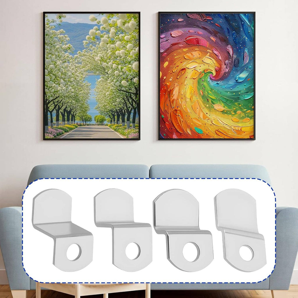 White offset canvas clips and screws shown on a frame for canvas or photo mounting