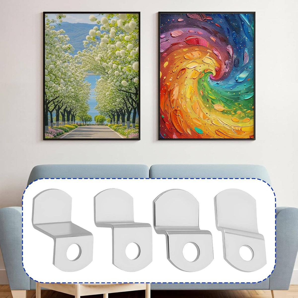 White offset canvas clips and screws shown on a frame for canvas or photo mounting