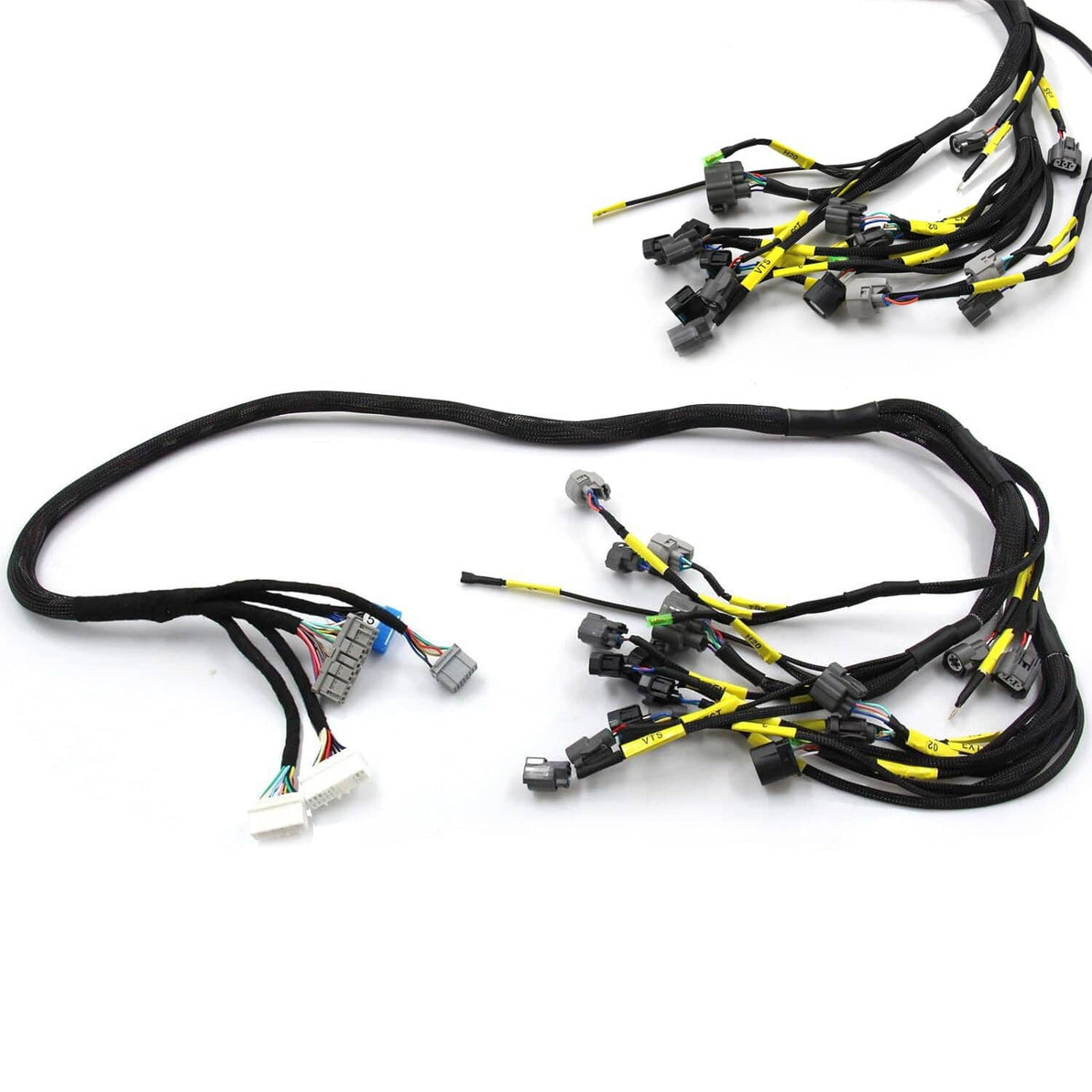Engine wire harness with black braided cables, yellow wiring, and assorted connector plugs
