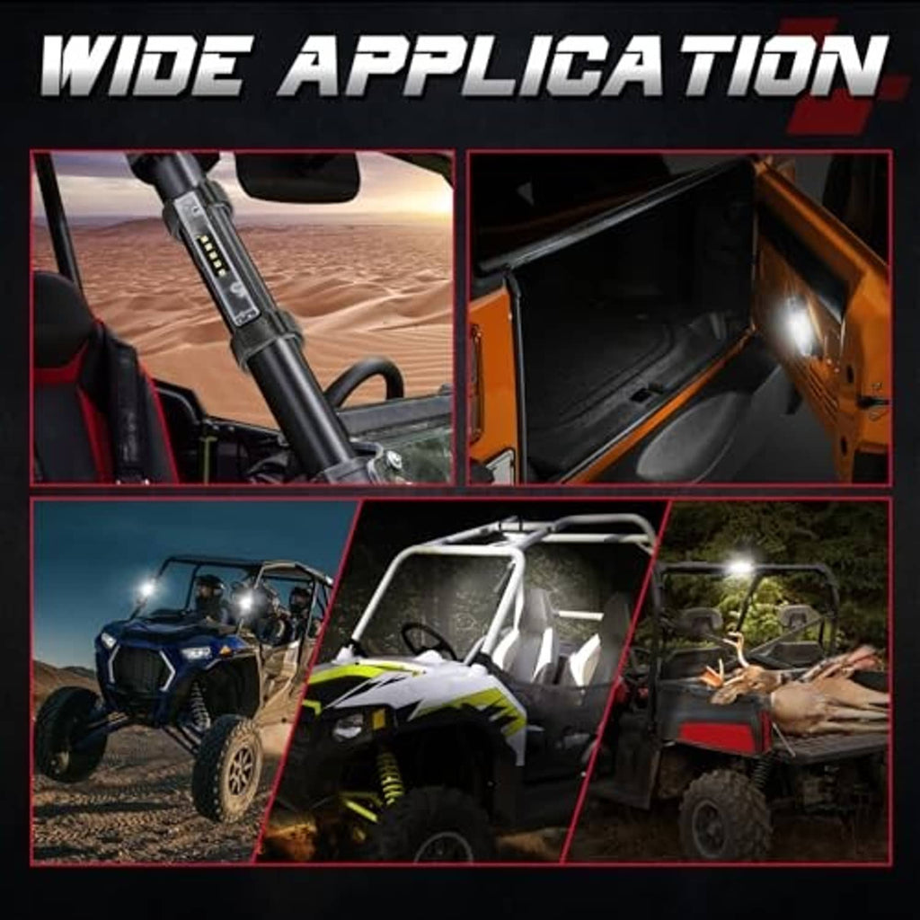 UTV roll-cage LED light bar with nylon strap, mounted for interior illumination