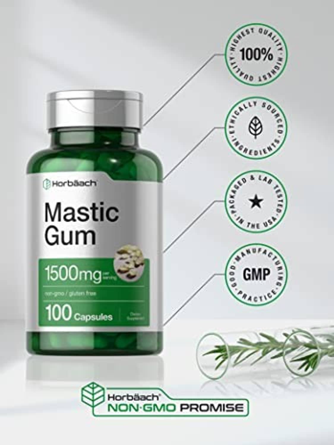 Mastic gum supplement bottle with quality seals and Non-GMO Promise badge