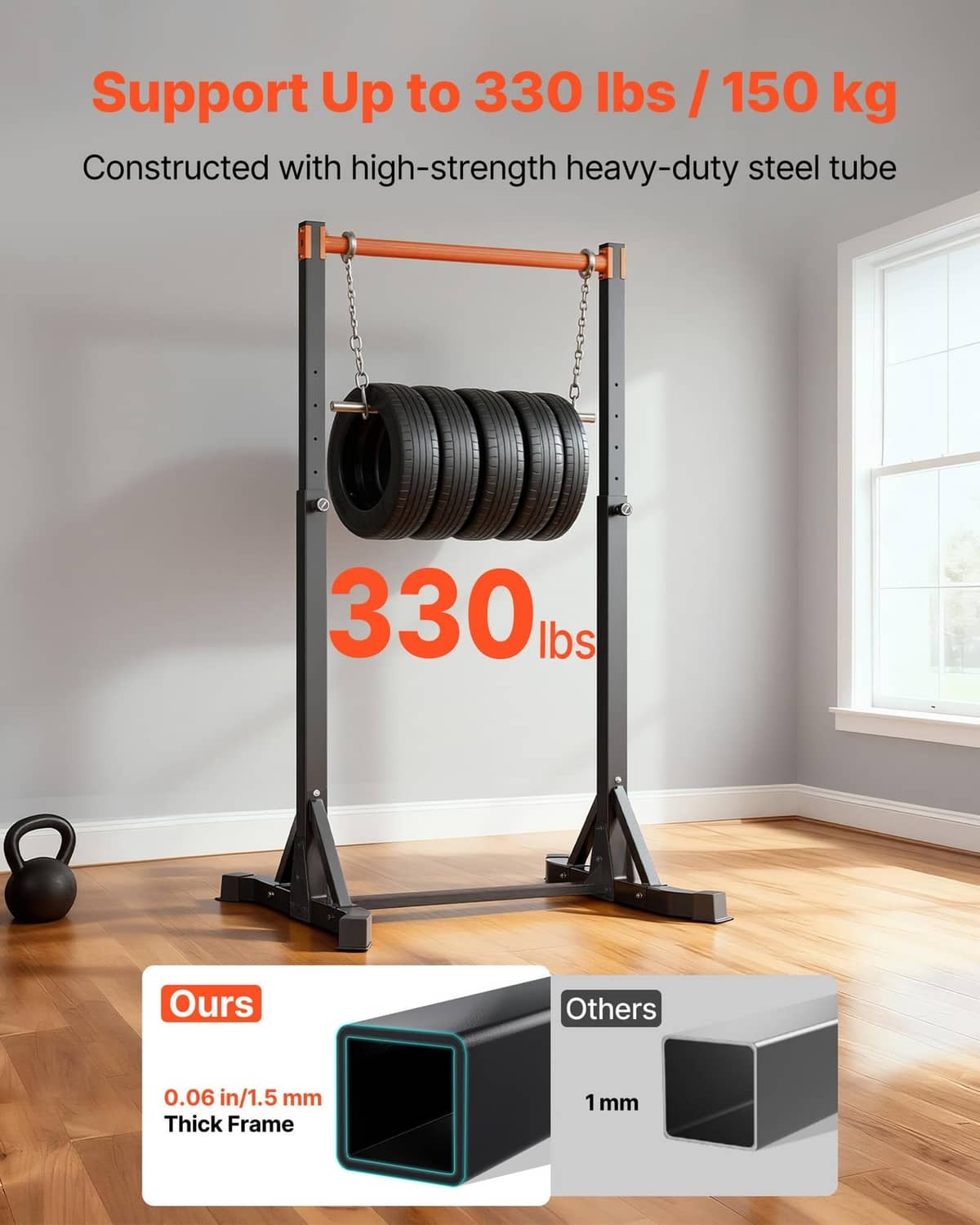 Pull up bar station with orange top bar, black posts, and weight plate support