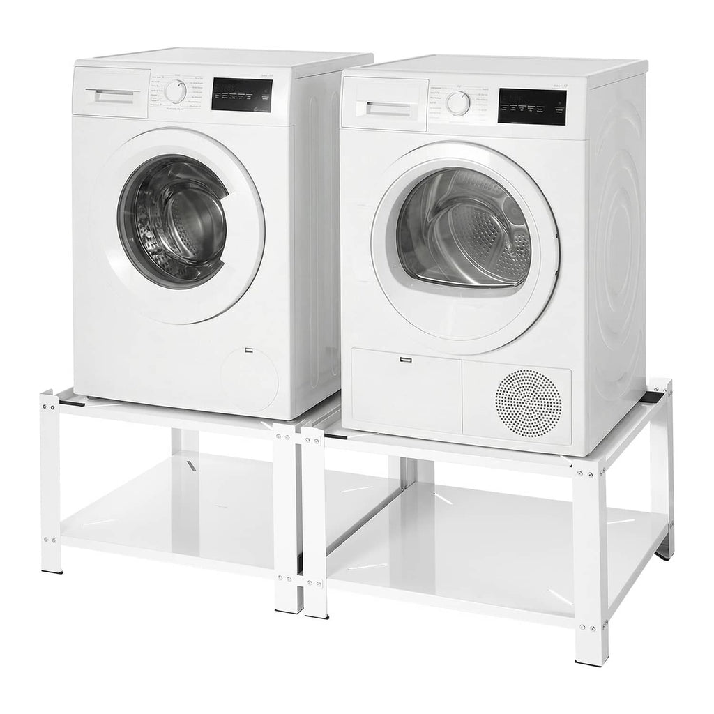 White laundry washer pedestal base with built-in storage shelf and four legs