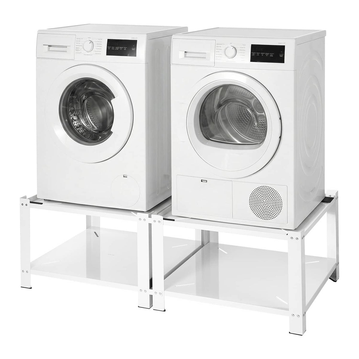 White laundry washer pedestal base with built-in storage shelf and four legs