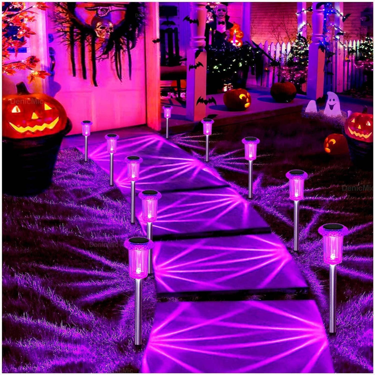 Outdoor solar LED stake lights, multiple purple points across lawn and garden walkway
