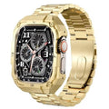 Gold-tone stainless steel watch with black multi-dial face and linked band
