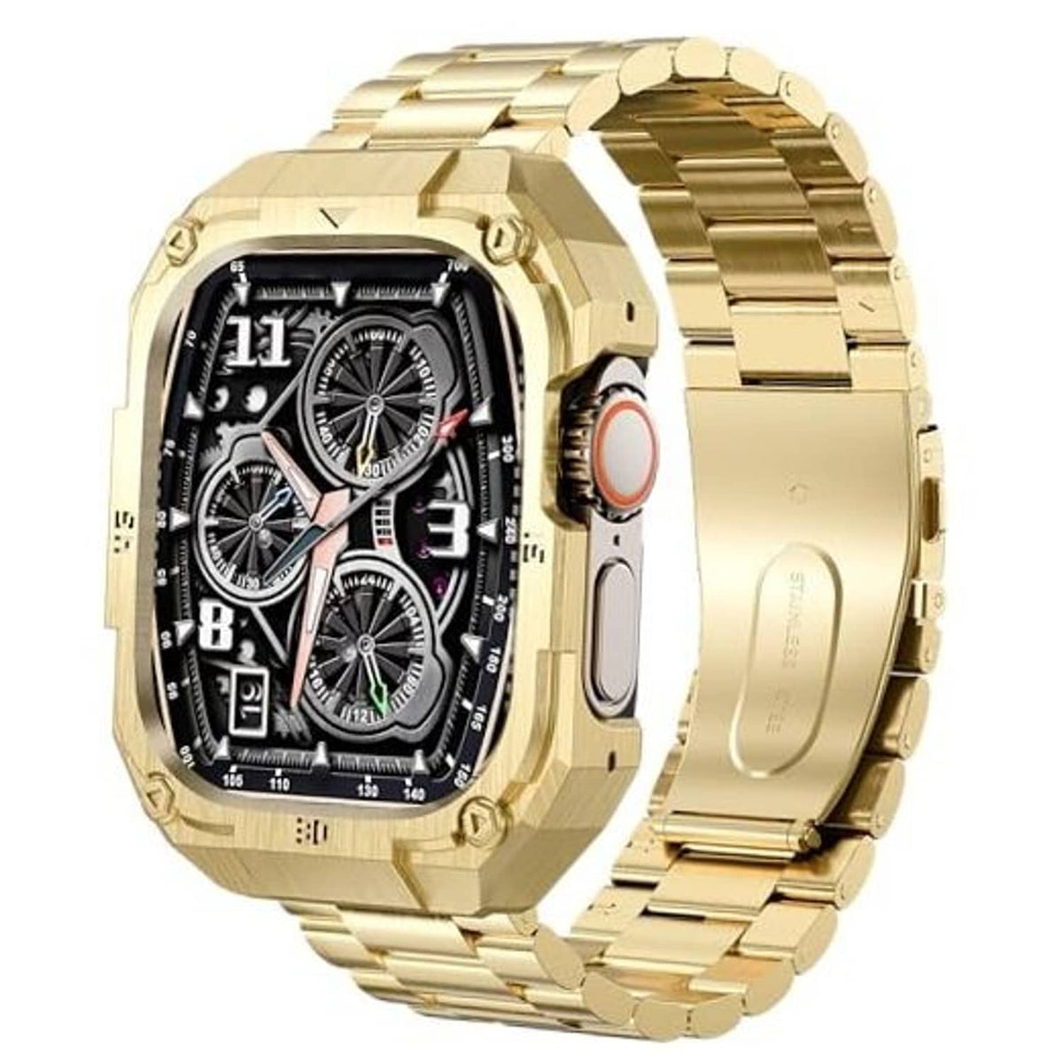 Gold-tone stainless steel watch with black multi-dial face and linked band