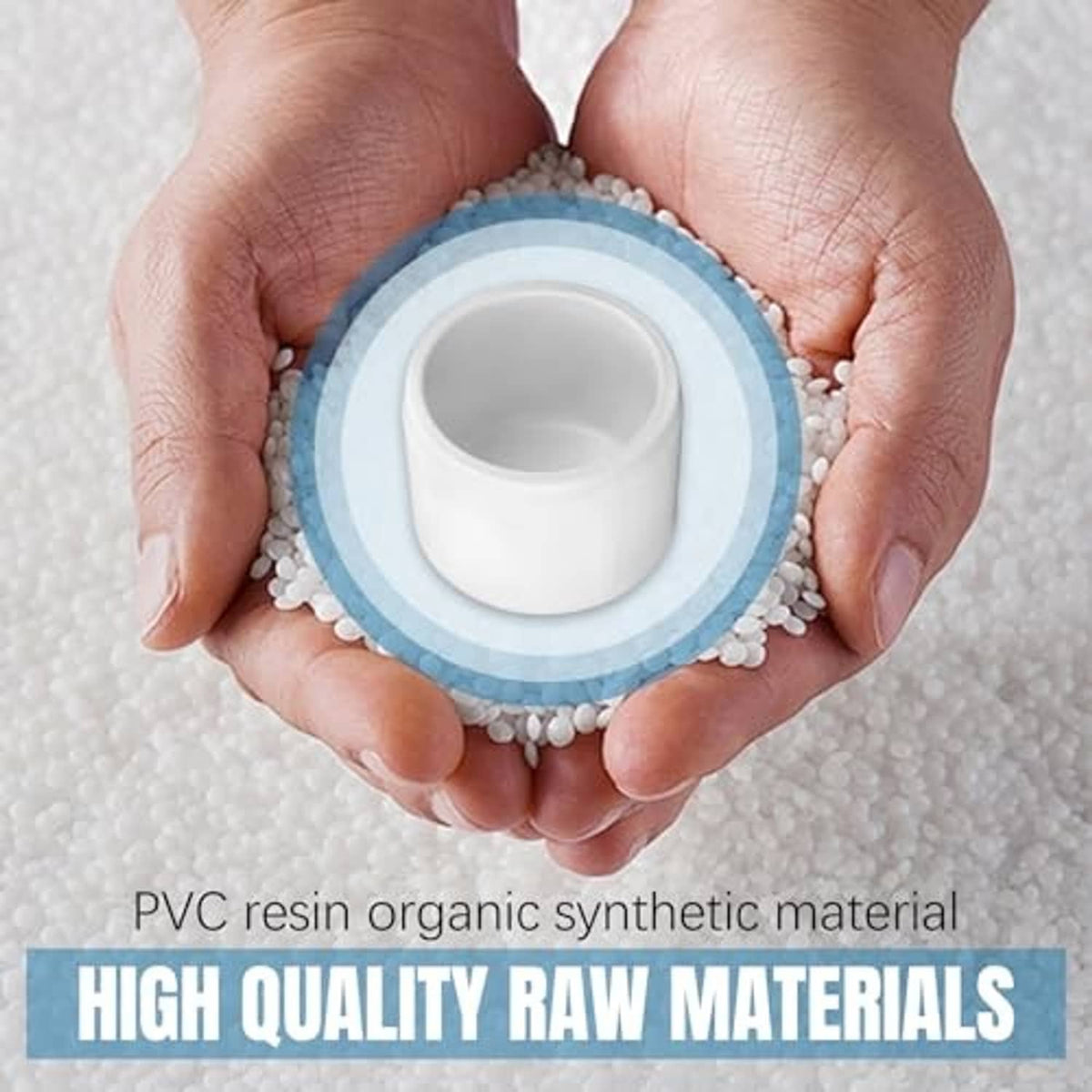 White PVC pipe end plug cap held in hands, rounded cylinder with open end