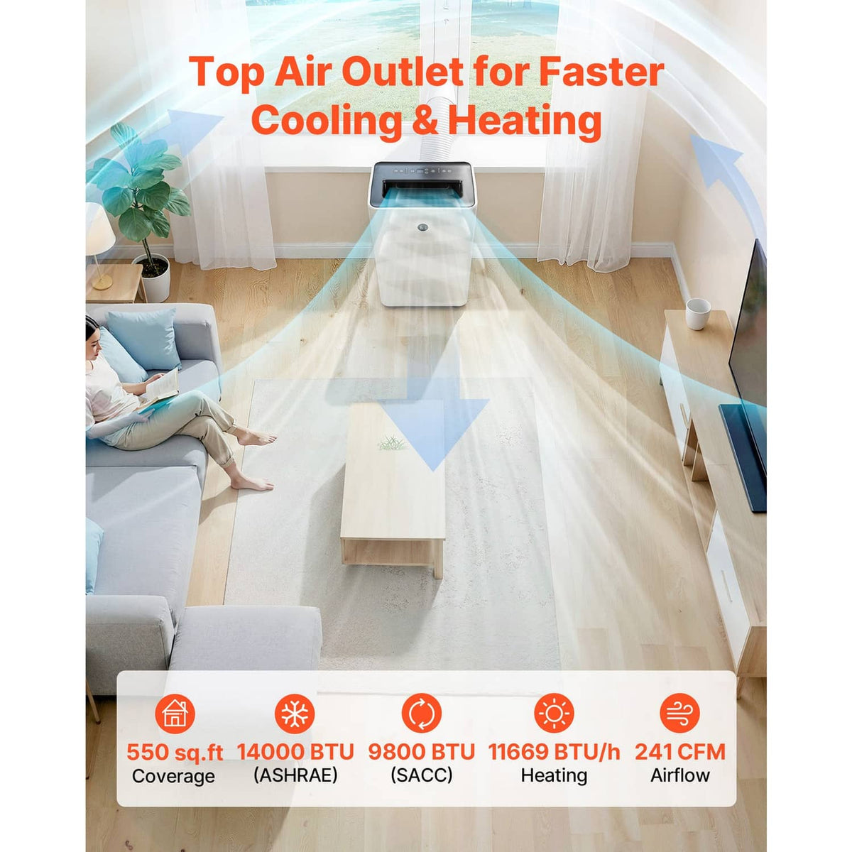 Portable air conditioner heater combo, white unit with top air outlet for cooling and heating