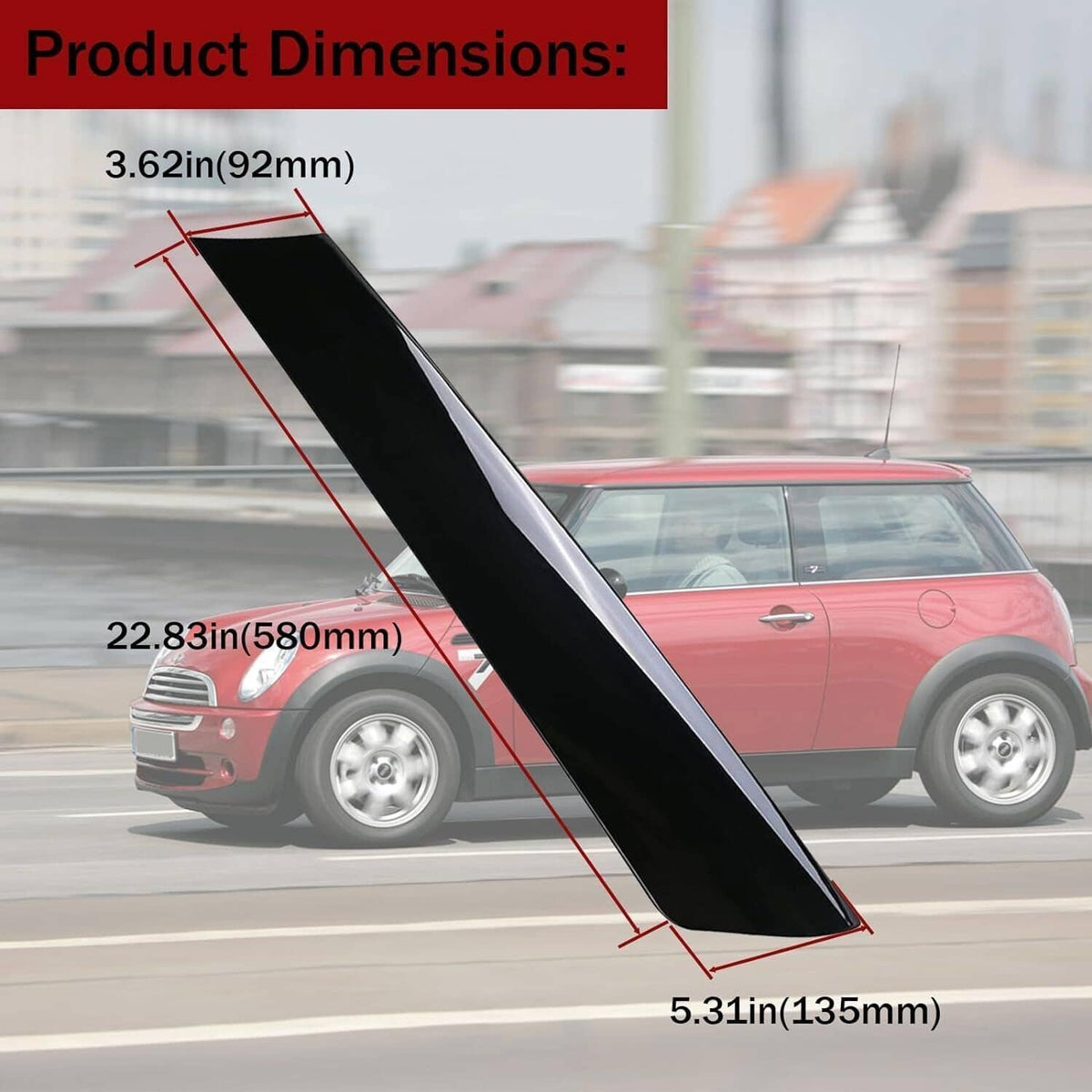 Black A-pillar trim dimensions for windshield post cover, angled strip with mounting holes