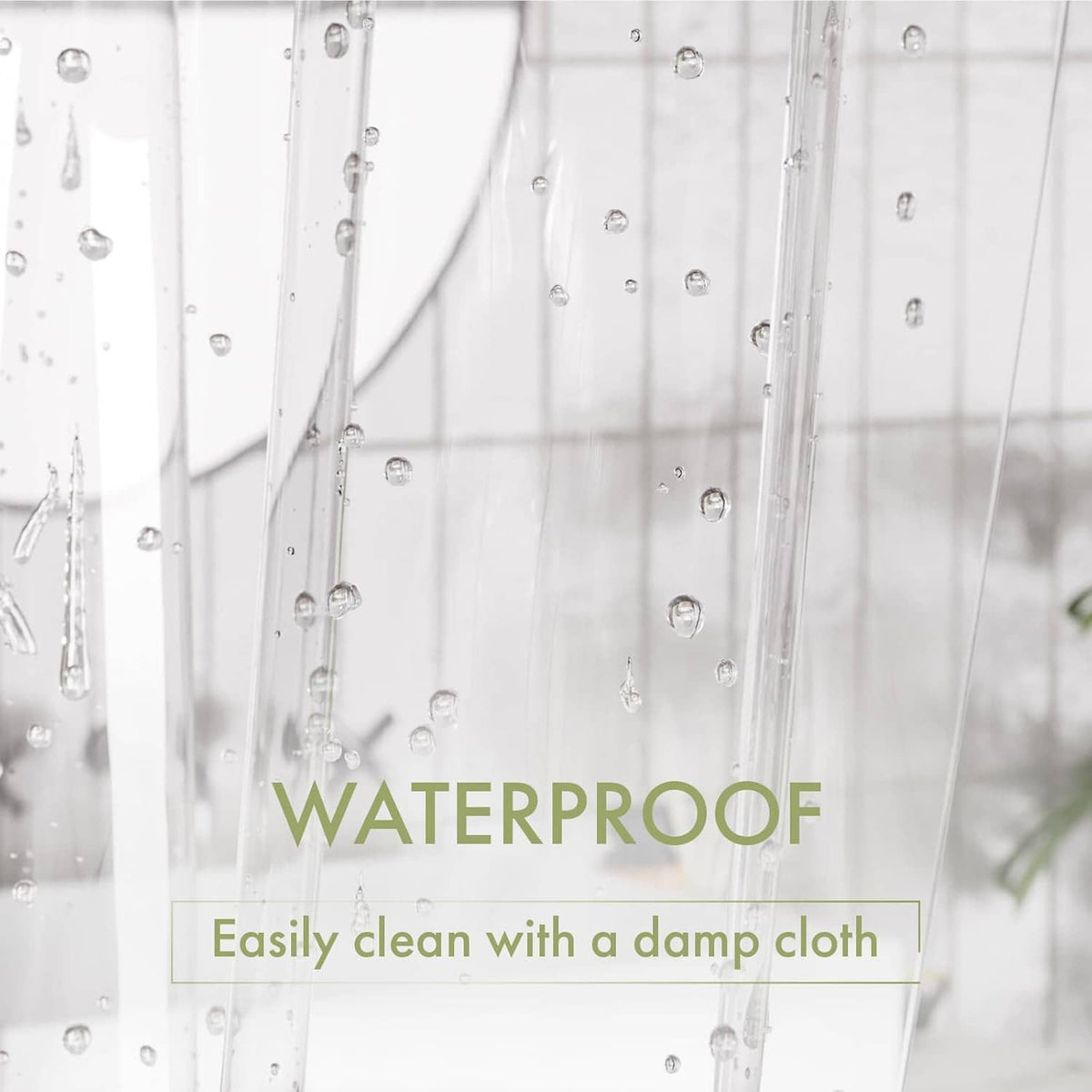 Clear waterproof shower curtain liner with water droplets on the surface