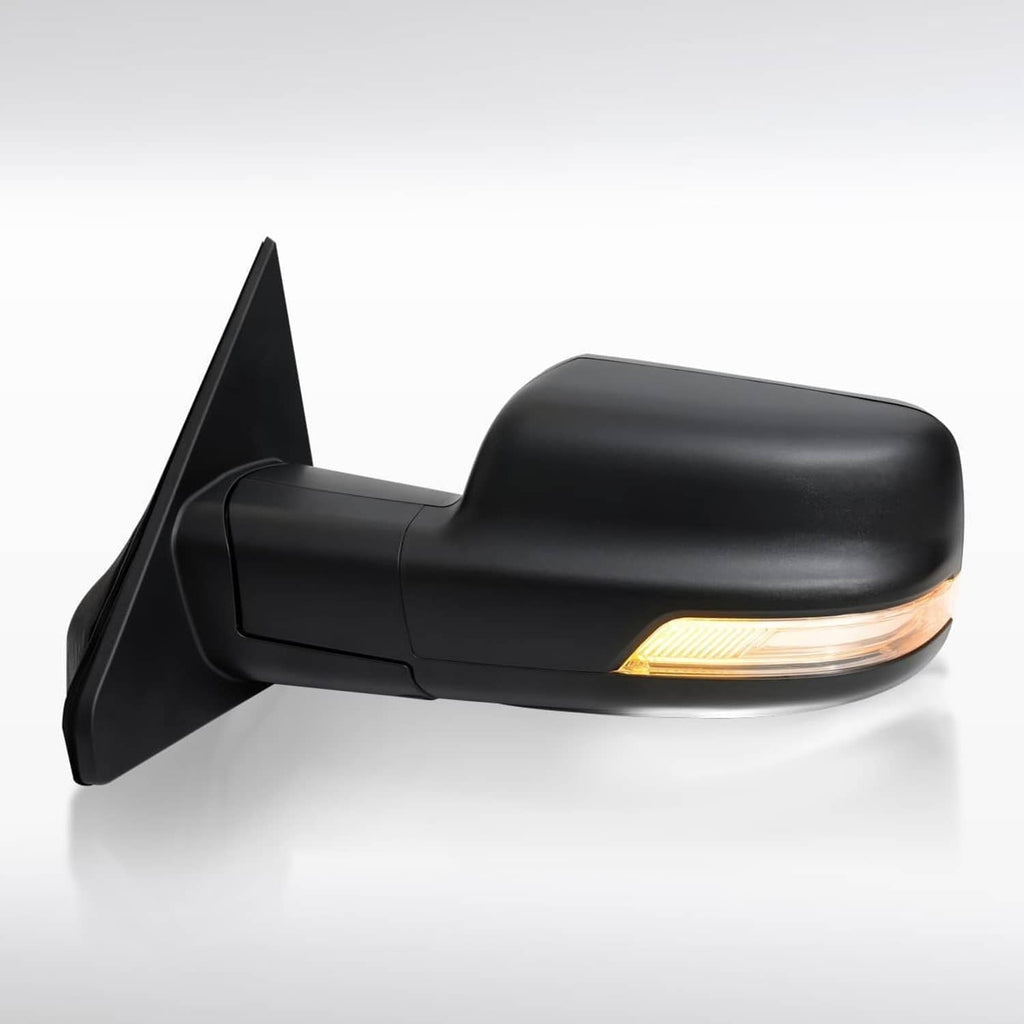Left driver-side heated mirror with amber turn-signal strip on black housing