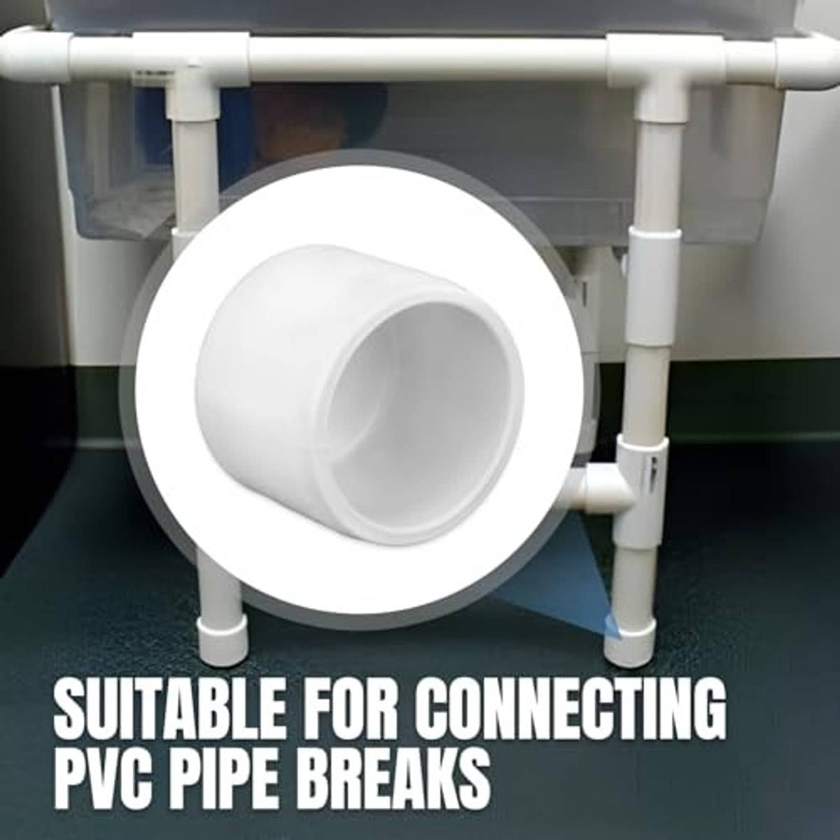 White PVC end cap fitted on a white PVC pipe elbow in a plumbing layout