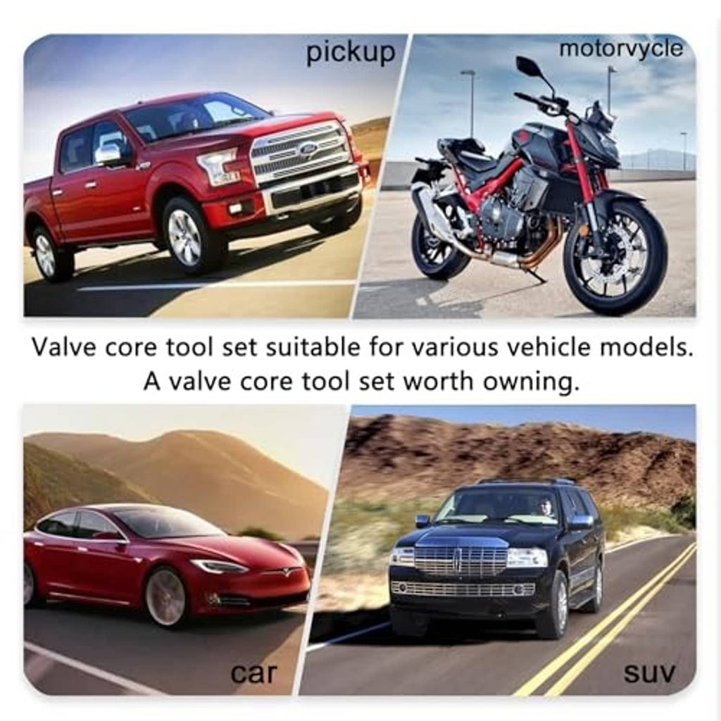 Valve core tool set for cars and motorcycles shown with tool usage on vehicles