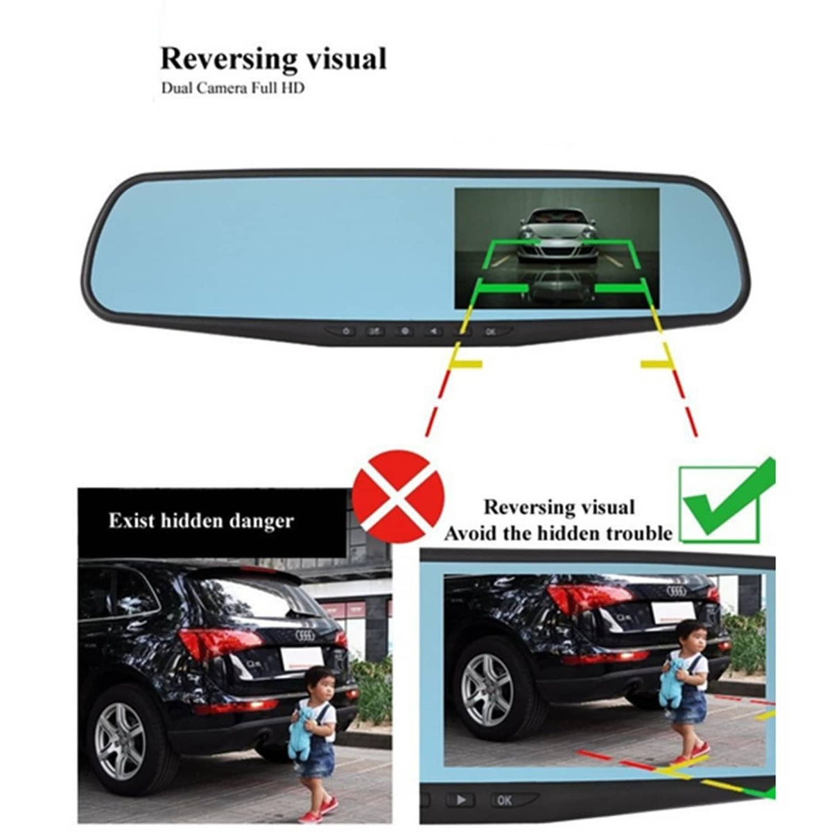 Rearview mirror dash cam reversing view with dual-camera overlay and parking guidance
