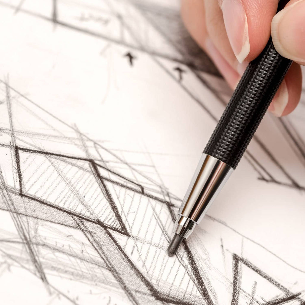 Black 2.0mm mechanical pencil with textured grip drawing on paper sketch