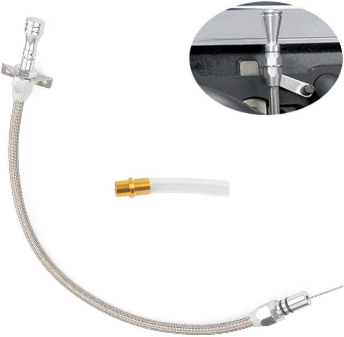 Flexible dipstick hose assembly with mounting clips and gold insert tip