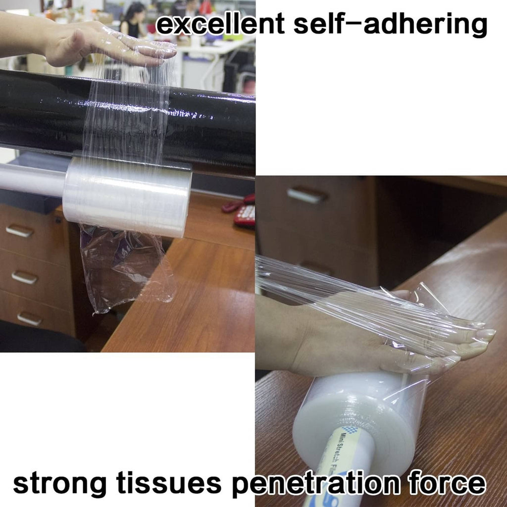 Clear stretch wrap film wrapped around a long object in layered strips
