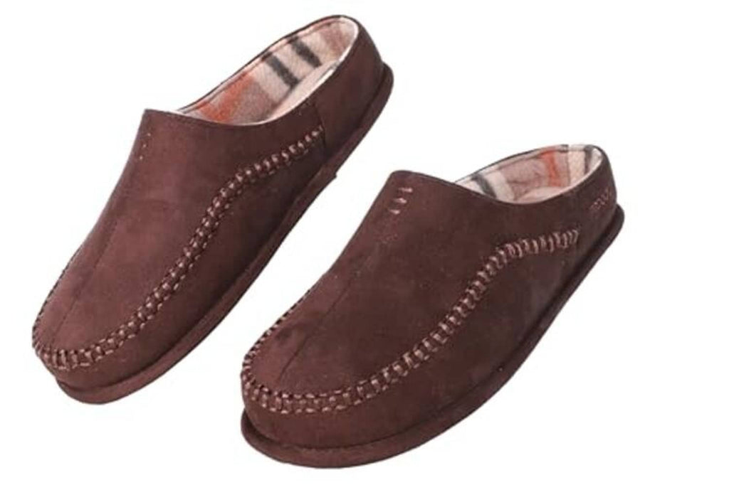 Pair of brown suede moccasin-style slip-on slippers with stitched moc toe design