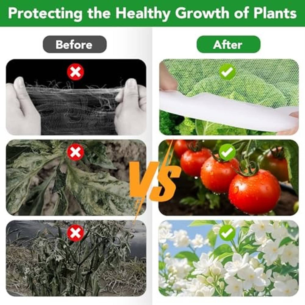 Protective garden netting sheet over plants, shown in before-and-after comparison.