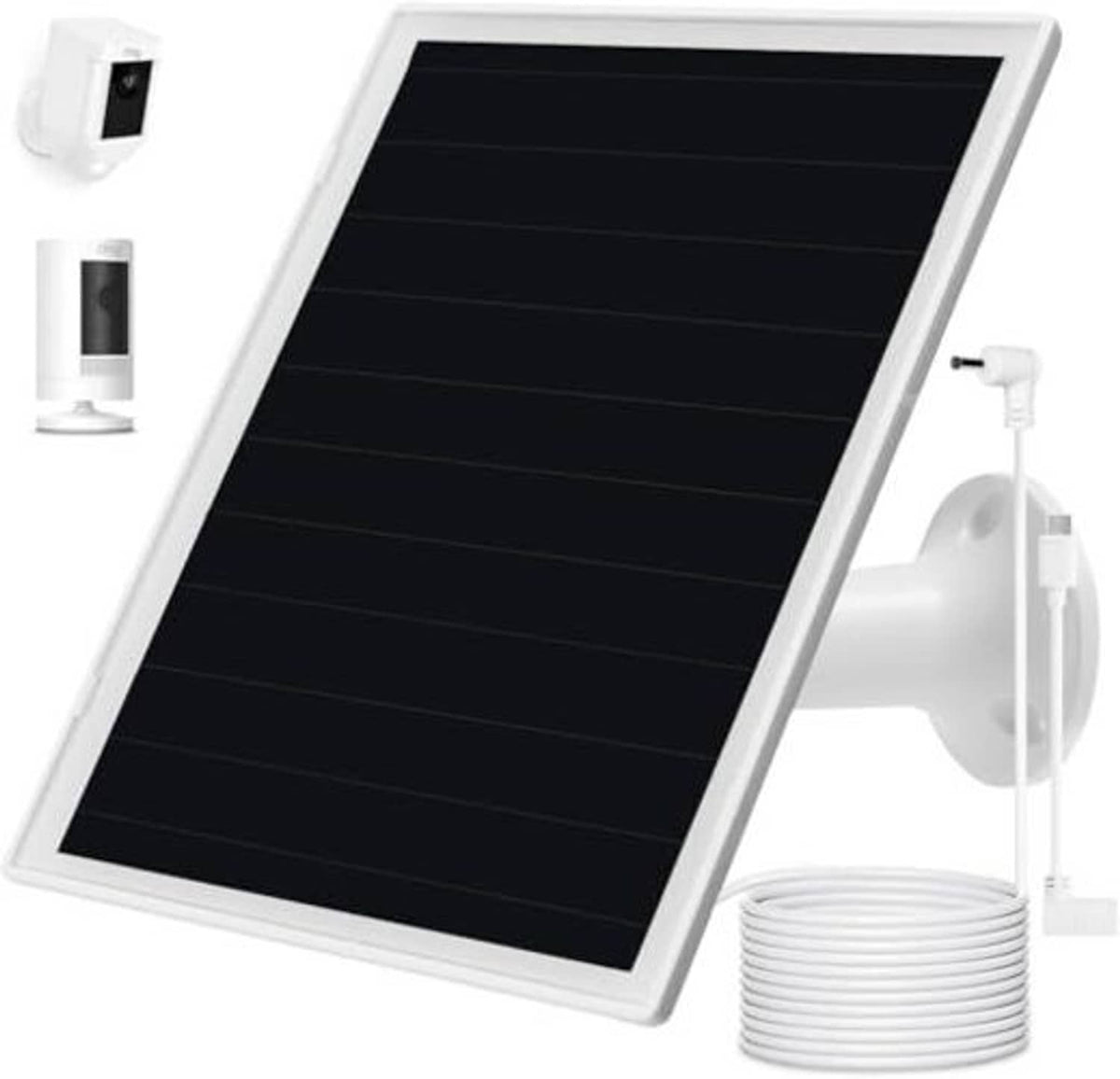 Solar panel charger with white frame and black photovoltaic panel, cable and connector shown