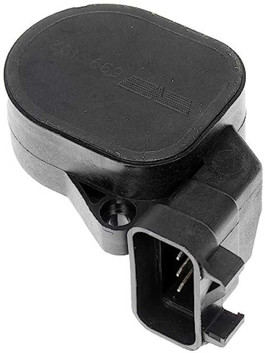 Dark gray accelerator pedal sensor with exposed connector pins and black plug