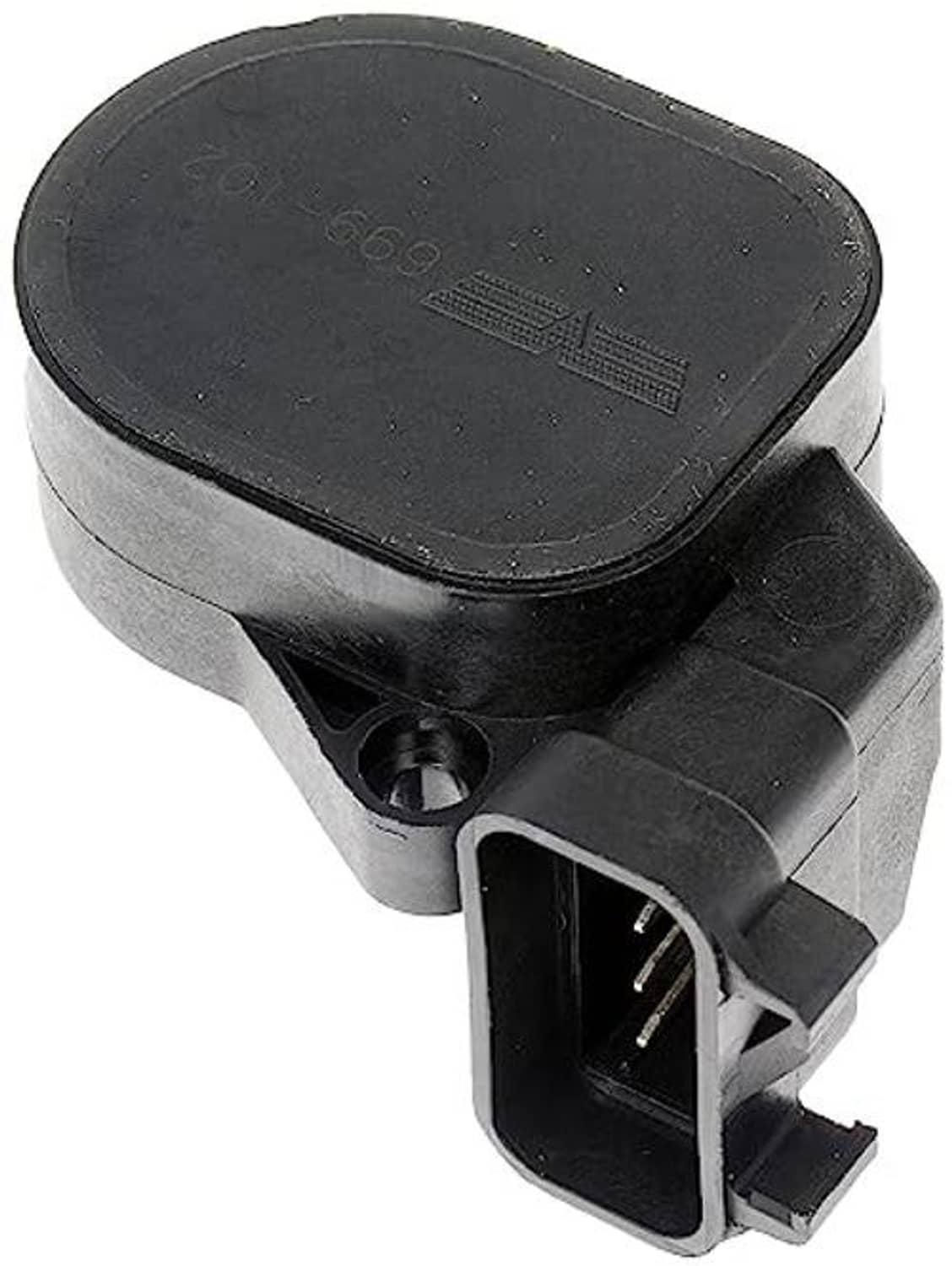 Dark gray accelerator pedal sensor with exposed connector pins and black plug