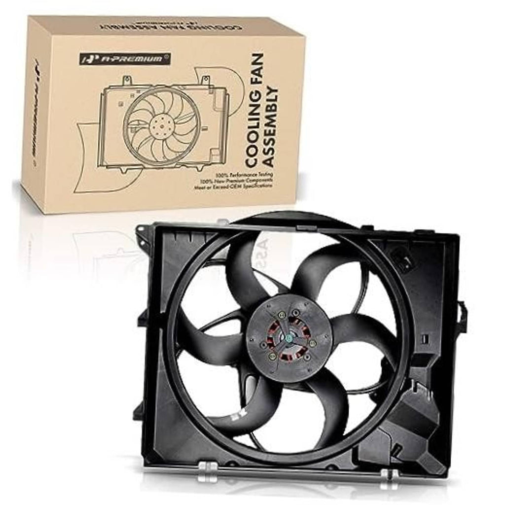 Radiator cooling fan assembly with black multi-blade fan and mounting frame