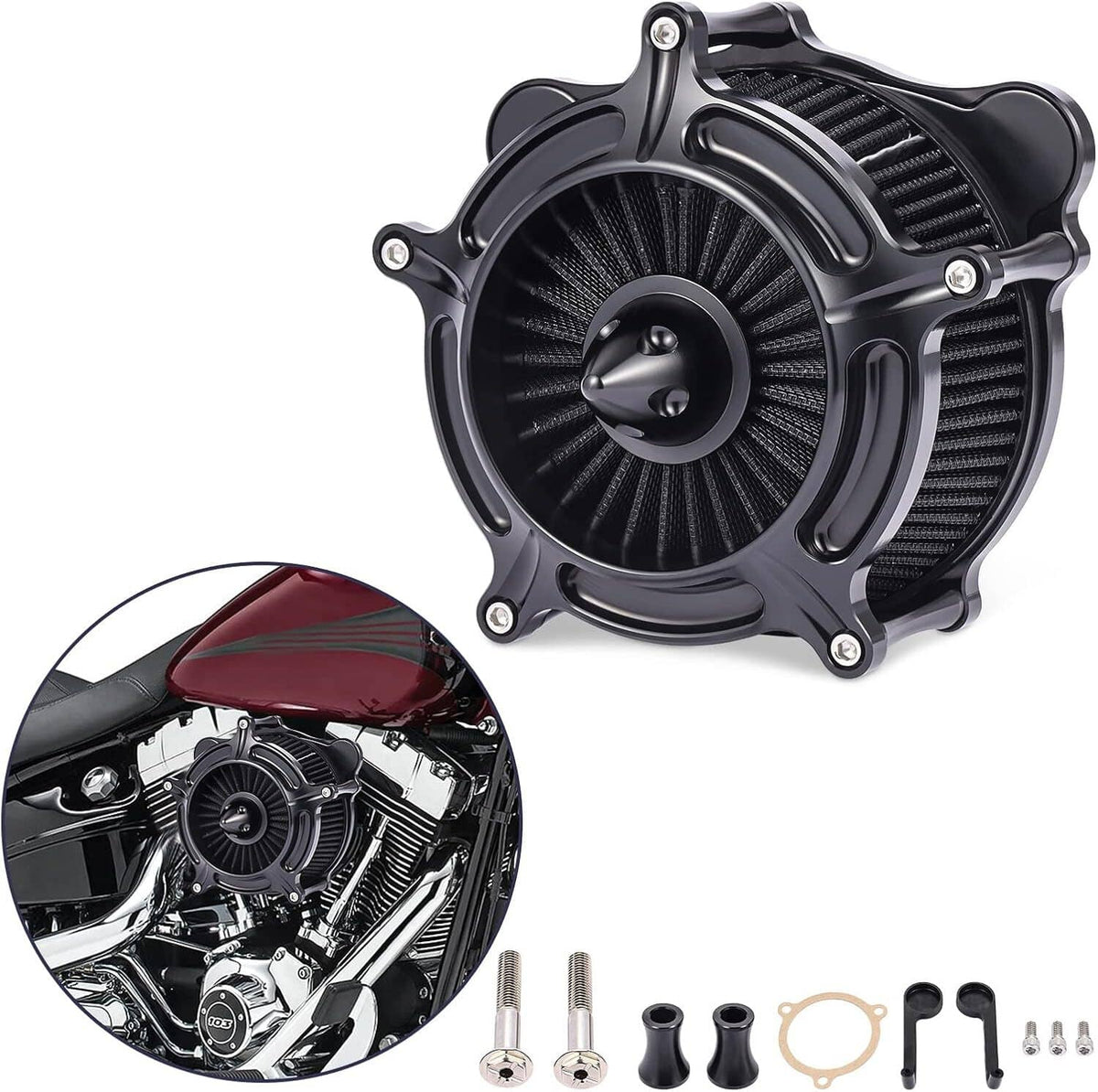 Air cleaner intake filter kit with pleated filter and mounting hardware