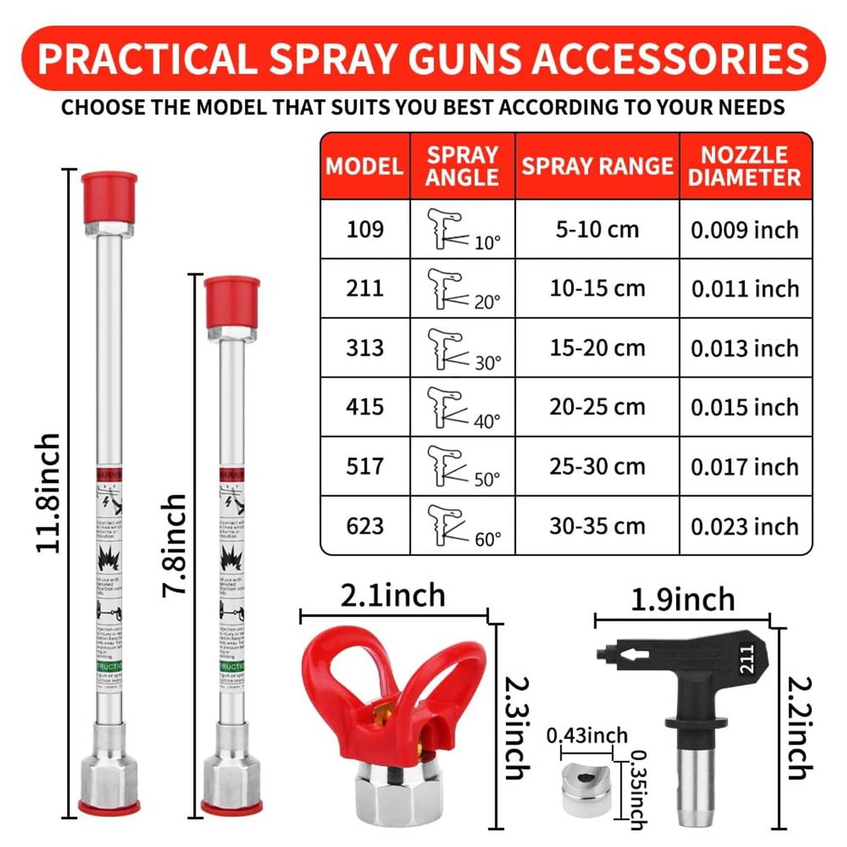 Color-coded airless paint sprayer nozzle accessories with adjustable spray range caps