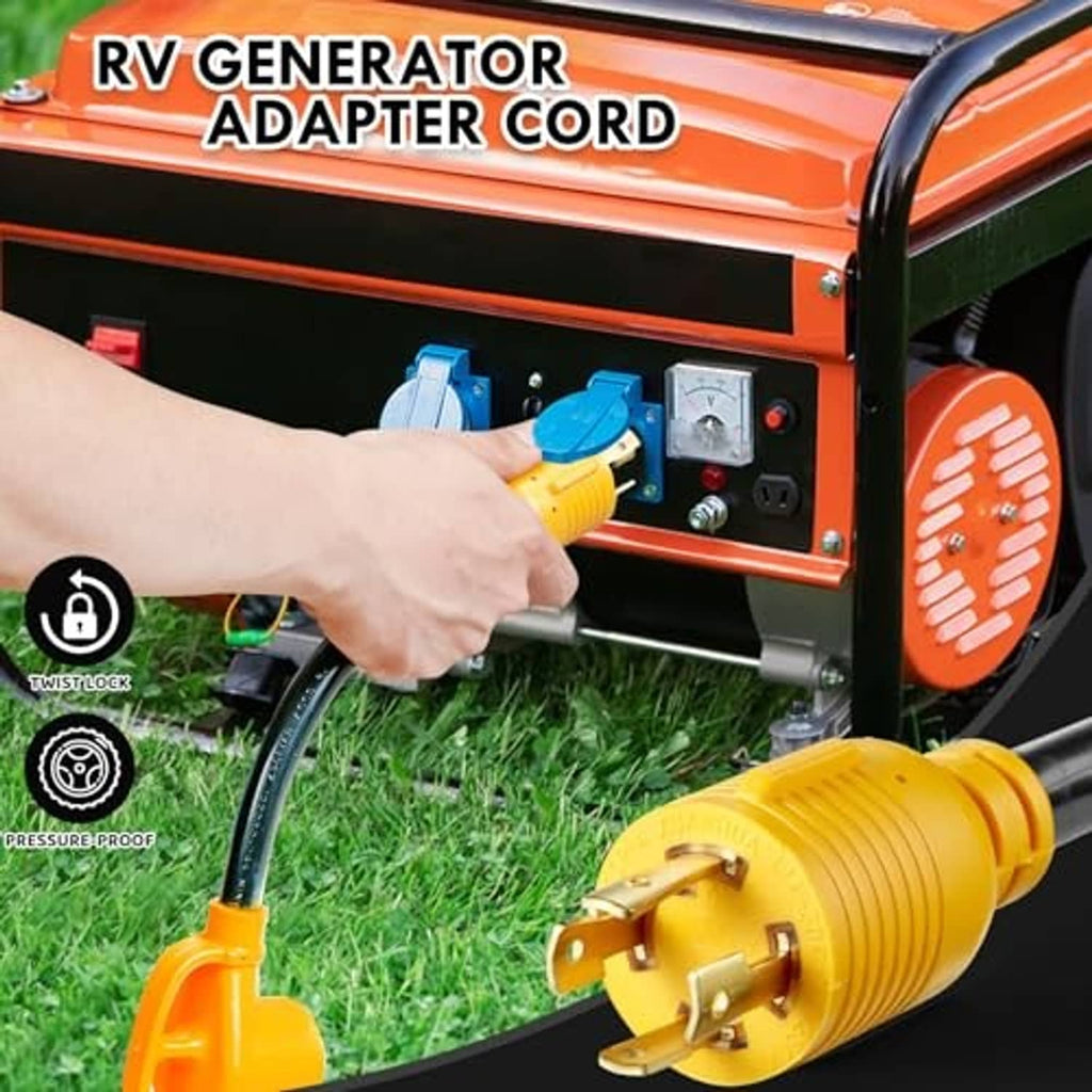 Yellow twist-lock adapter plug inserted into RV generator outlet with black cord