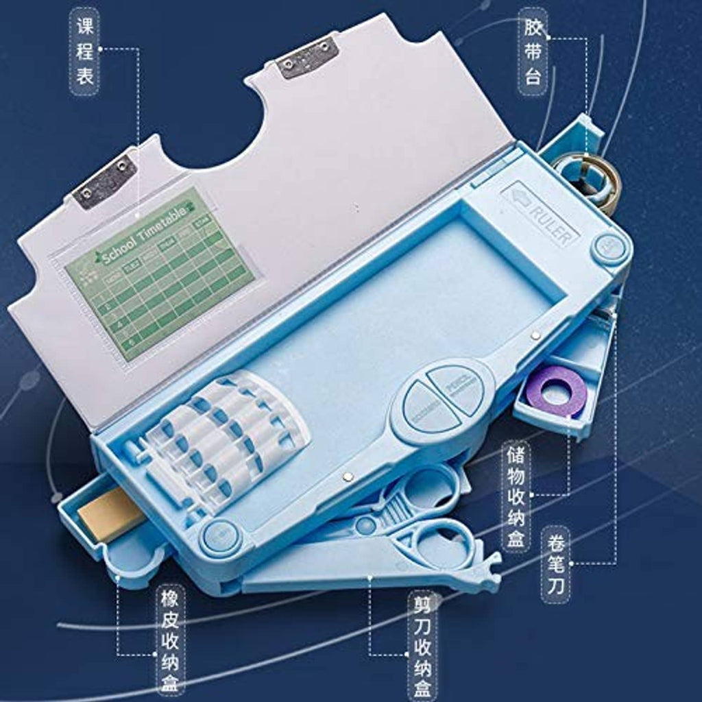 Blue open pencil case with ruler, scissors, and compartment sections for stationery