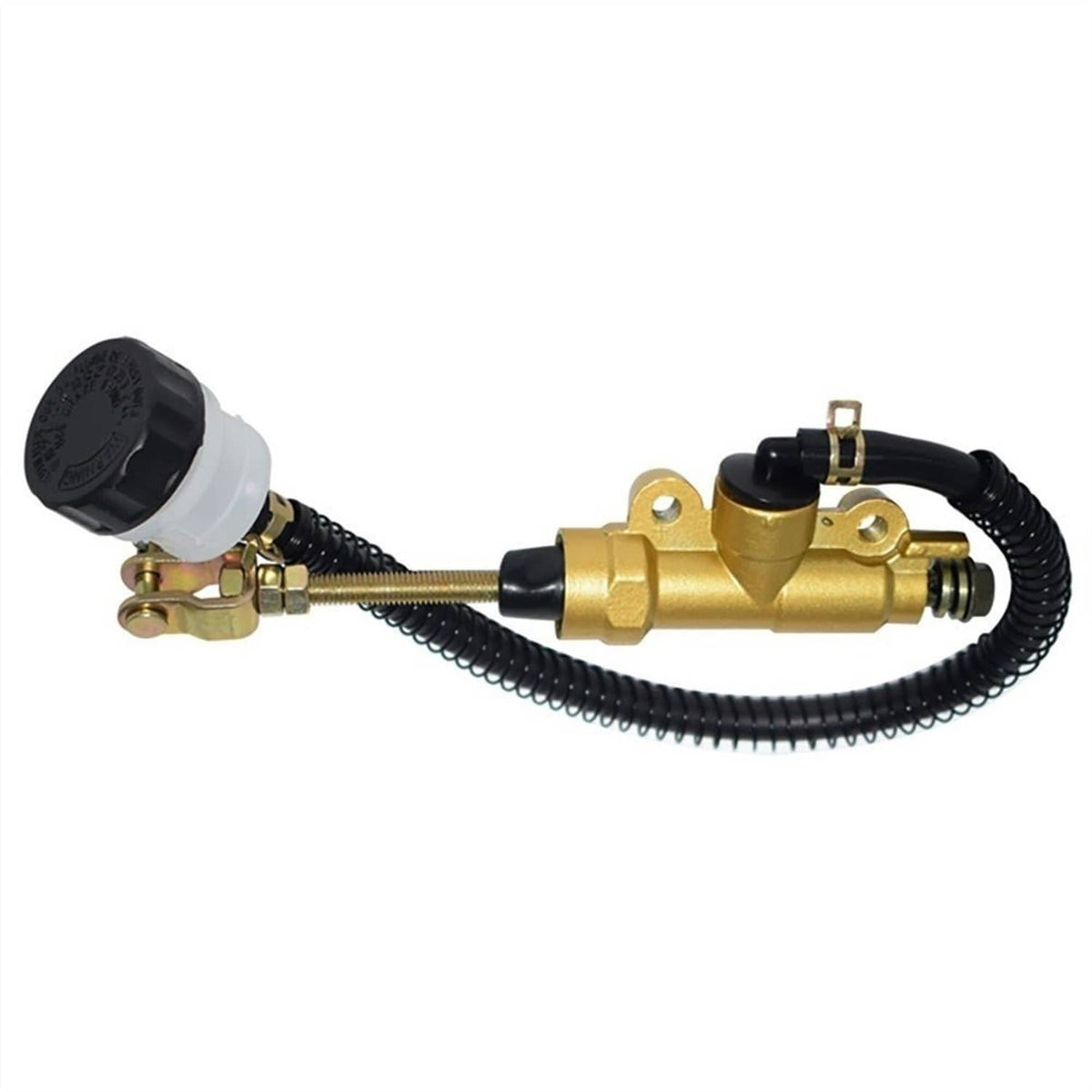 Rear brake master cylinder pump with black reservoir, gold body, and coiled hose