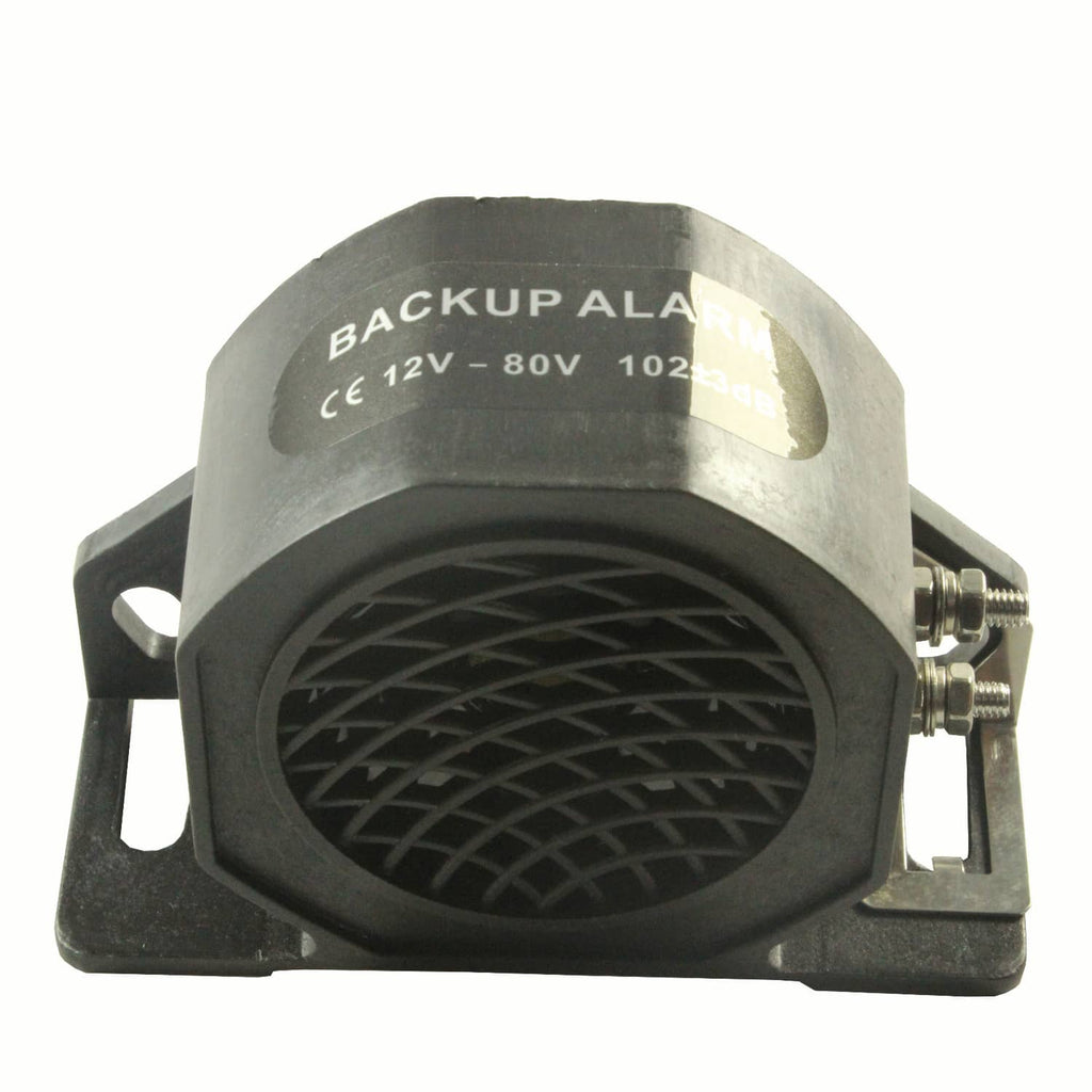Car reverse alarm horn with metal can top, circular grille, and screw terminals