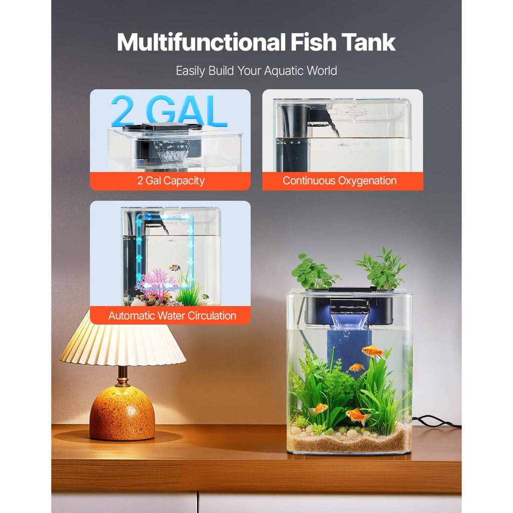 Clear 2-gallon plastic fish tank with built-in water circulation pump and air flow
