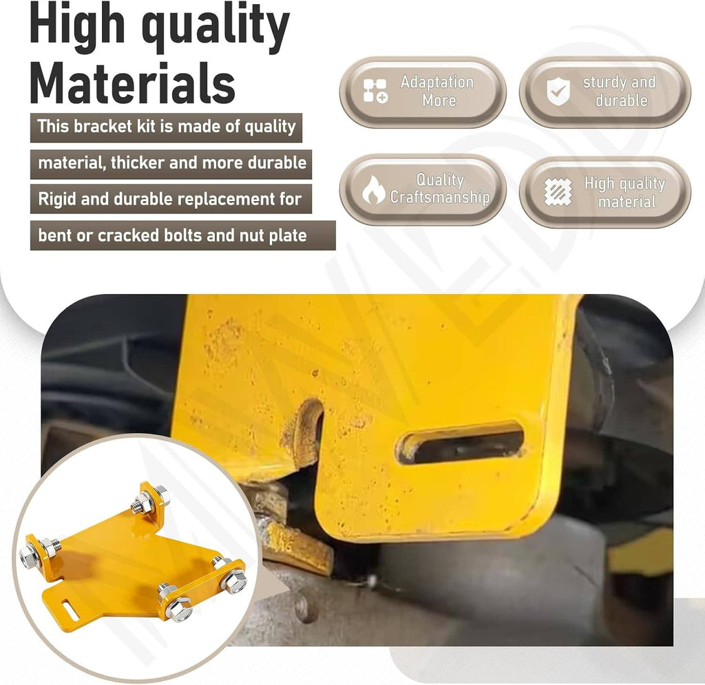 Yellow hydro transmission bracket assembly with bolts, shown on mower components