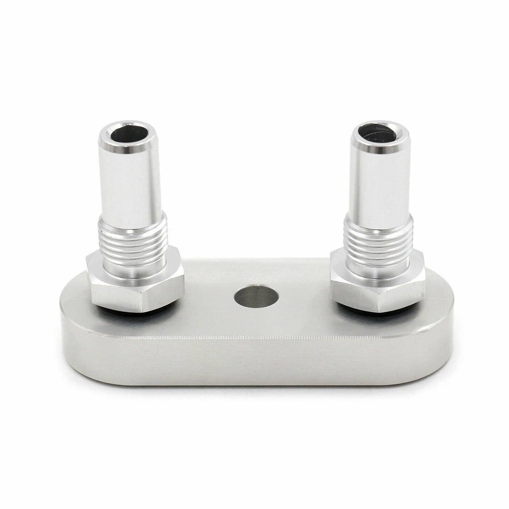 Transmission cooler line adapter plate with two 6AN male fittings, hex bases, and center hole