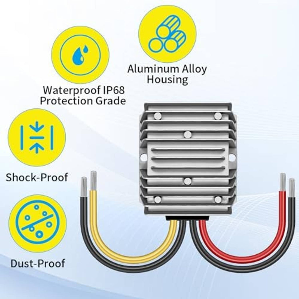 Waterproof-rated DC step-down converter with aluminum housing and wired connectors