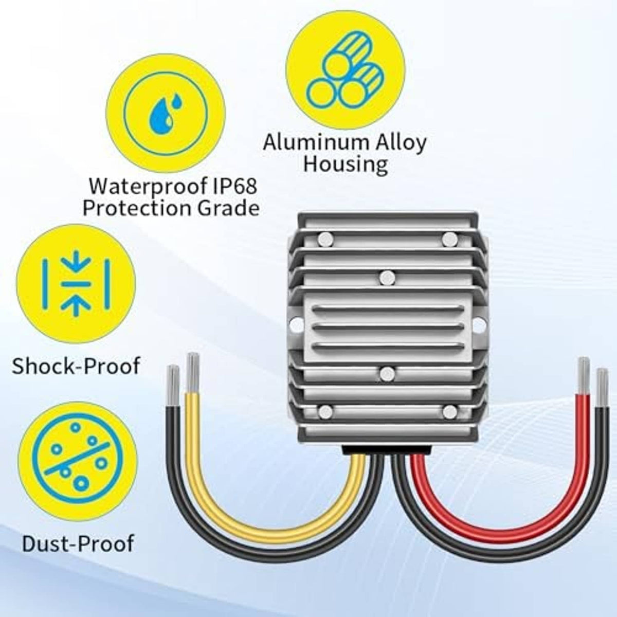 Waterproof-rated DC step-down converter with aluminum housing and wired connectors