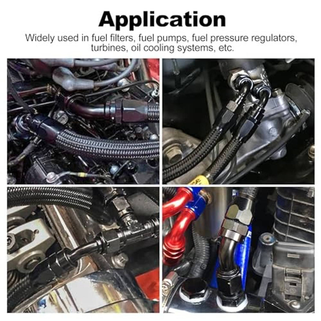45-degree swivel AN hose end fitting installed on engine bay with braided lines