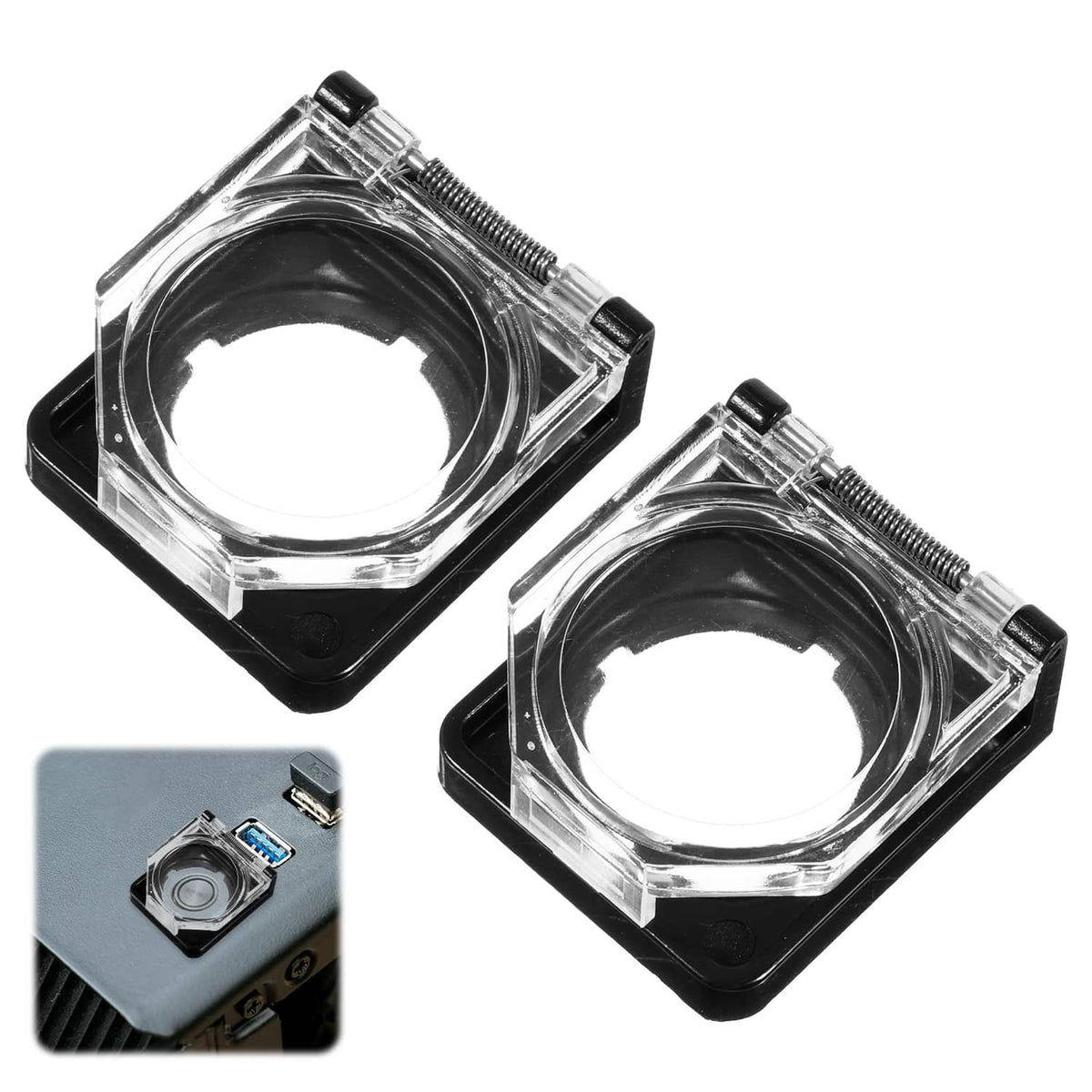 PC power button switch cover, clear plastic with black base and threaded studs