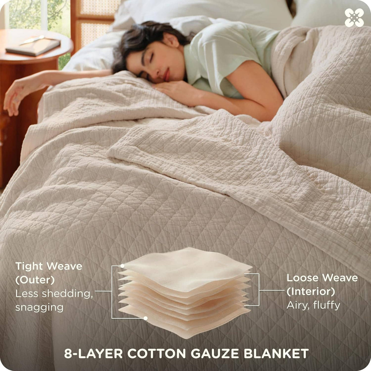 Cream 8-layer cotton gauze blanket folded on a bed with airy quilted layers
