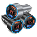 4-port car USB charger with blue-ring LED voltage display and multiple USB ports